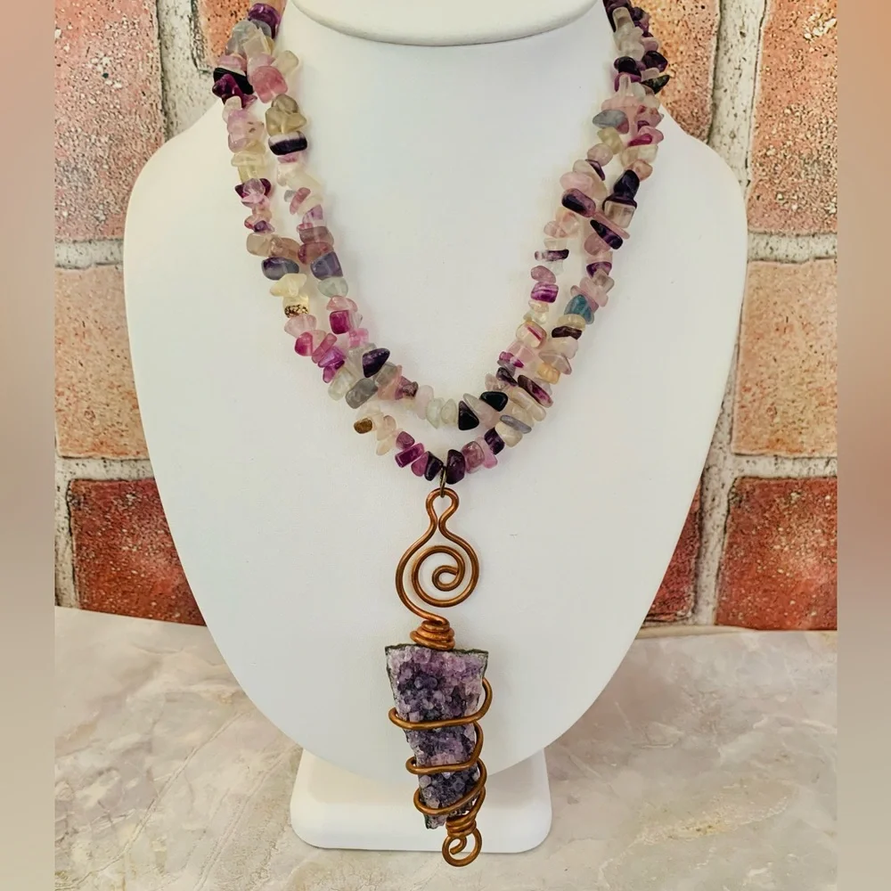 Artisan Amethyst Geode Copper Wire Wrapped Pendant Crystal Necklace - Picture 4 of 10